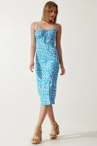 Happiness İstanbul Women's Blue Floral Slit Summer Knitted Dress CI00029 - Image 2