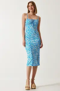 Happiness İstanbul Women's Blue Floral Slit Summer Knitted Dress CI00029 - Image 3