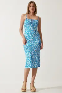 Happiness İstanbul Women's Blue Floral Slit Summer Knitted Dress CI00029 - Image 4