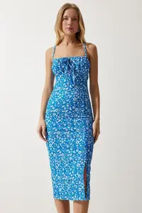 Happiness İstanbul Women's Vivid Blue and White Floral Slit Summer Knitted Dress CI00029