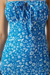 Happiness İstanbul Women's Vivid Blue and White Floral Slit Summer Knitted Dress CI00029 - Image 3