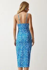 Happiness İstanbul Women's Vivid Blue and White Floral Slit Summer Knitted Dress CI00029 - Image 4