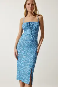 Happiness İstanbul Women's Vivid Light Blue Floral Slit Summer Knitted Dress CI00029 - Image 2