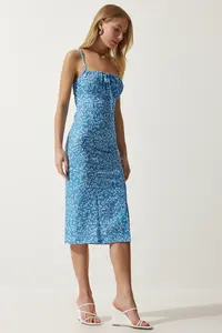 Happiness İstanbul Women's Vivid Light Blue Floral Slit Summer Knitted Dress CI00029 - Image 3
