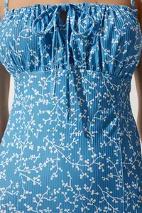 Happiness İstanbul Women's Vivid Light Blue Floral Slit Summer Knitted Dress CI00029 - Image 5