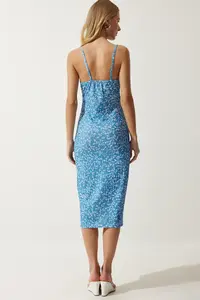 Happiness İstanbul Women's Vivid Light Blue Floral Slit Summer Knitted Dress CI00029 - Image 6