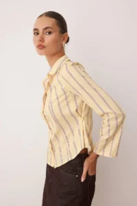 TRENDYOLMİLLA Yellow-Multicolored Waist Shirred Fitted Sleeves Wide Shirt - Image 2