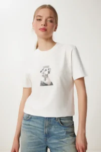 Happiness İstanbul Women's Bone Stylish Stone Embroidered Cotton Knitted T-Shirt - Image 2