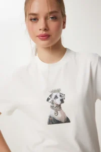 Happiness İstanbul Women's Bone Stylish Stone Embroidered Cotton Knitted T-Shirt - Image 3