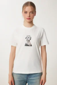 Happiness İstanbul Women's Bone Stylish Stone Embroidered Cotton Knitted T-Shirt - Image 4