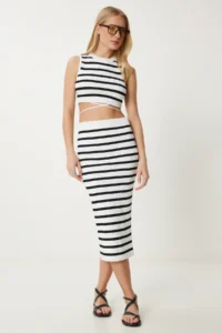 Happiness İstanbul Women's White Striped Summer Blouse Skirt Knitwear Suit