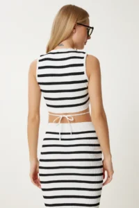 Happiness İstanbul Women's White Striped Summer Blouse Skirt Knitwear Suit - Image 6