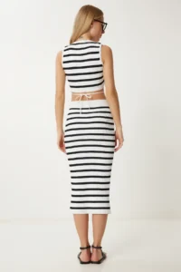 Happiness İstanbul Women's White Striped Summer Blouse Skirt Knitwear Suit - Image 7