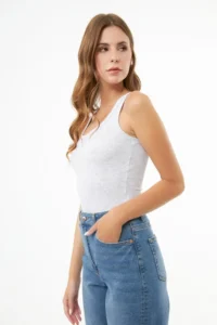Cottonhill Gray Cotton Thick Sleeveless Ribbed Women Tank Top - Image 3