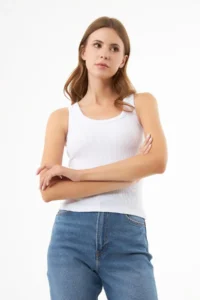Cottonhill White Cotton Thick Sleeveless Ribbed Women Tank Top - Image 7