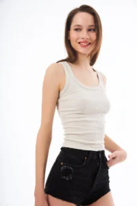 Cottonhill Beige Cotton Thick Sleeveless Ribbed Women Tank Top - Image 4