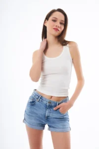 Cottonhill Cream Cotton Thick Sleeveless Ribbed Women Tank Top - Image 3