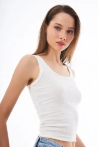 Cottonhill Cream Cotton Thick Sleeveless Ribbed Women Tank Top - Image 4