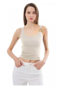 Cottonhill Beige Cotton Thick Strap Women's Undershirt with Ribbed Buckle Detail - Image 2