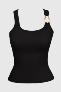 Cottonhill Black Cotton Thick Strap Women's Undershirt with Ribbed Buckle Detail