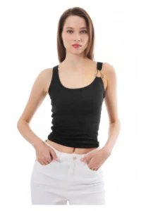 Cottonhill Black Cotton Thick Strap Women's Undershirt with Ribbed Buckle Detail - Image 2
