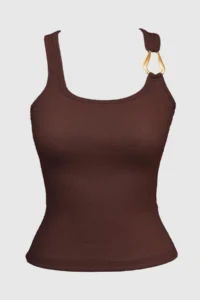 Cottonhill Brown Cotton Thick Strap Women's Undershirt with Ribbed Buckle Detail