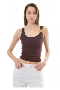 Cottonhill Brown Cotton Thick Strap Women's Undershirt with Ribbed Buckle Detail - Image 2