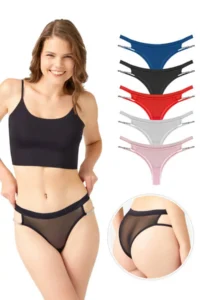 Cottonhill Tulle Transparent Stone and Chain Detailed Women's Brazilian Panties 5 Pack - Image 2