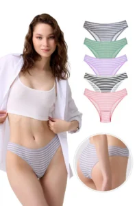 Cottonhill Cotton Stripe Patterned Camisole Women's Brazilian Panties 5 Pack - Image 2