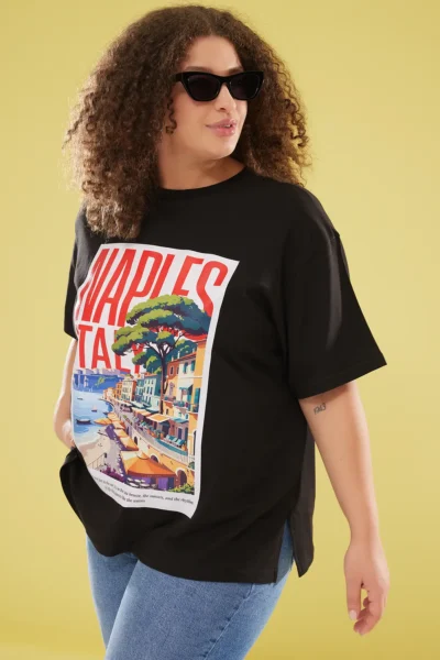 Trendyol Curve Black Crew Neck Wide Pattern Printed Plus Size Knitting Tshirt