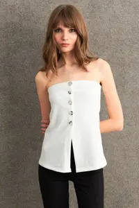 Cool & Sexy Women Ecru Button Detailed Strapless Blouse