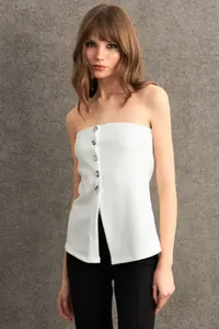 Cool & Sexy Women Ecru Button Detailed Strapless Blouse - Image 2