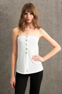 Cool & Sexy Women Ecru Button Detailed Strapless Blouse - Image 3