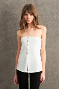 Cool & Sexy Women Ecru Button Detailed Strapless Blouse - Image 4