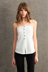 Cool & Sexy Women Ecru Button Detailed Strapless Blouse - Image 5