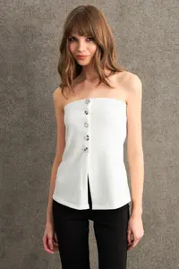 Cool & Sexy Women Ecru Button Detailed Strapless Blouse - Image 6