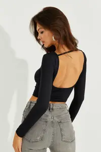 Cool & Sexy Women Black Back Light Crop Blouse - Image 3