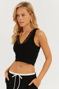 Cool & Sexy Women's White-Black Double Lace Detailed Crop Blouse - Image 9