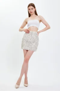 Ceylen Ecru Sequin Sequin Embroidery Mini Skirt - Image 3
