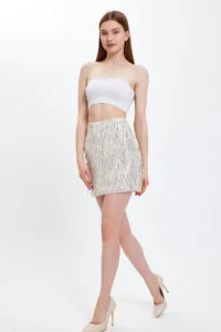 Ceylen Ecru Sequin Sequin Embroidery Mini Skirt - Image 4