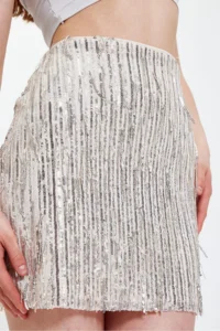 Ceylen Ecru Sequin Sequin Embroidery Mini Skirt - Image 5