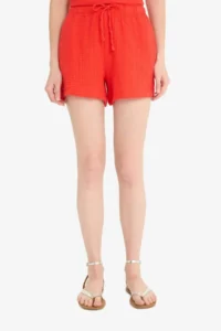 DeFacto 100% Cotton Relax Fit High Waist Short Leg White Muslin Shorts - Image 5