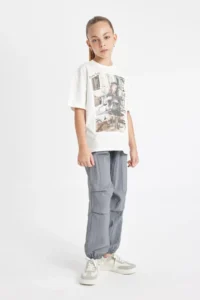 DeFacto Girl's Gray Parachute Jogger Pants with Elastic Waist and Leg Pockets - Image 2