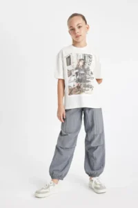 DeFacto Girl's Gray Parachute Jogger Pants with Elastic Waist and Leg Pockets - Image 3