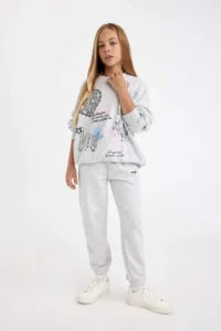DeFacto Girl's Printed Gray Jogger Sweatpants with Elastic Waist Cuff - Image 2
