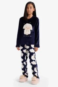 DeFacto Girl's Pajama Set Plush Long Sleeve Top with Elastic Waist Long Bottom