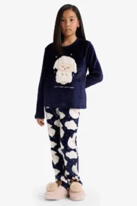 DeFacto Girl's Pajama Set Plush Long Sleeve Top with Elastic Waist Long Bottom - Image 2