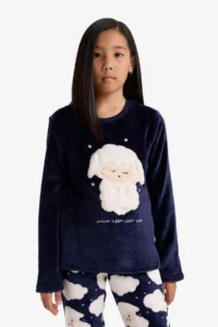 DeFacto Girl's Pajama Set Plush Long Sleeve Top with Elastic Waist Long Bottom - Image 3