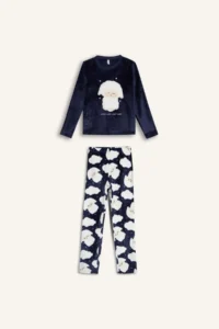 DeFacto Girl's Pajama Set Plush Long Sleeve Top with Elastic Waist Long Bottom - Image 7