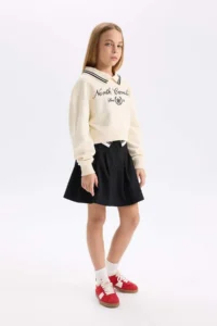 DeFacto Black Basic Plain Buttoned Pleated Twill School Skirt for Girls